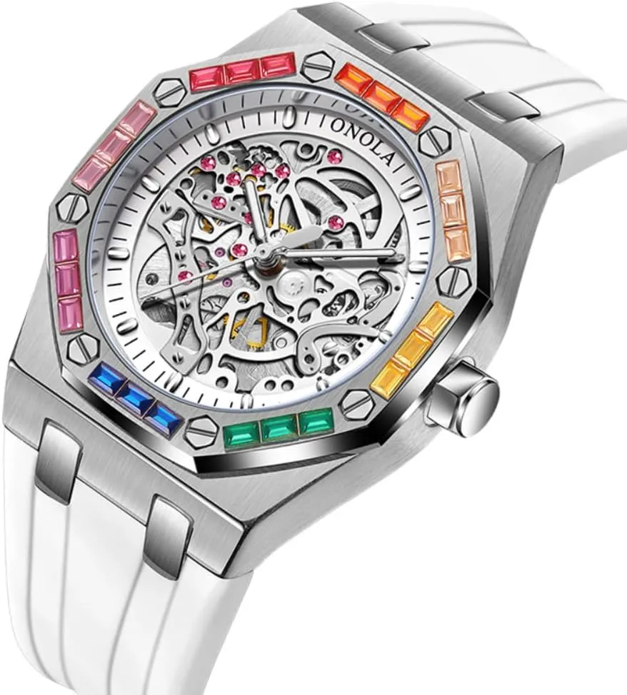 Hollow Automatic Self-Wind Mechanical Watch Silicone Strap Waterproof Luminous Watches Fashion Men Rainbow Diamond Bezel Wristwatch Luxury opposite description Calvinist Skeleton 