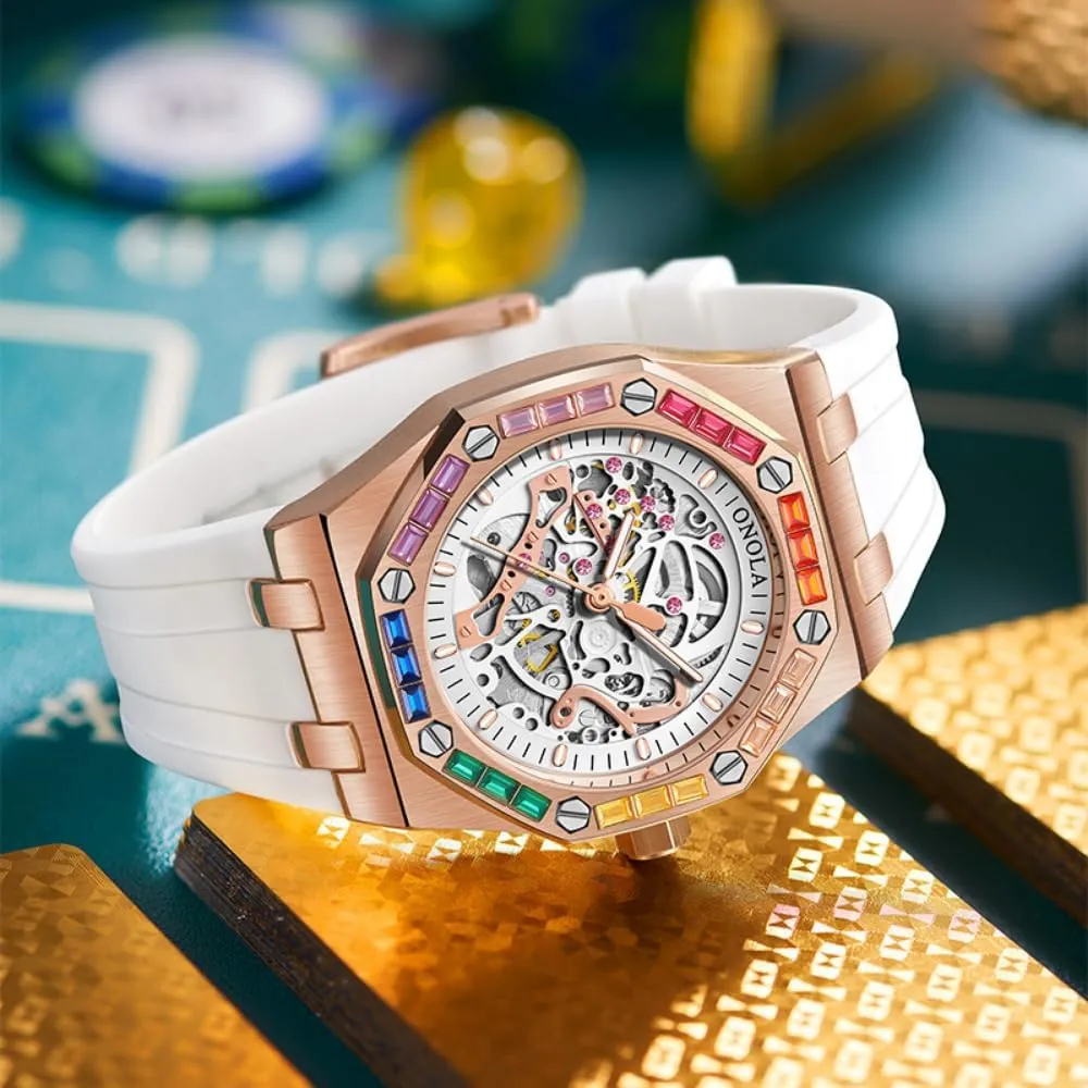 Hollow Automatic Self-Wind Mechanical Watch Silicone Strap Waterproof Luminous Watches Fashion Men Rainbow Diamond Bezel Wristwatch Luxury opposite description Calvinist Skeleton 