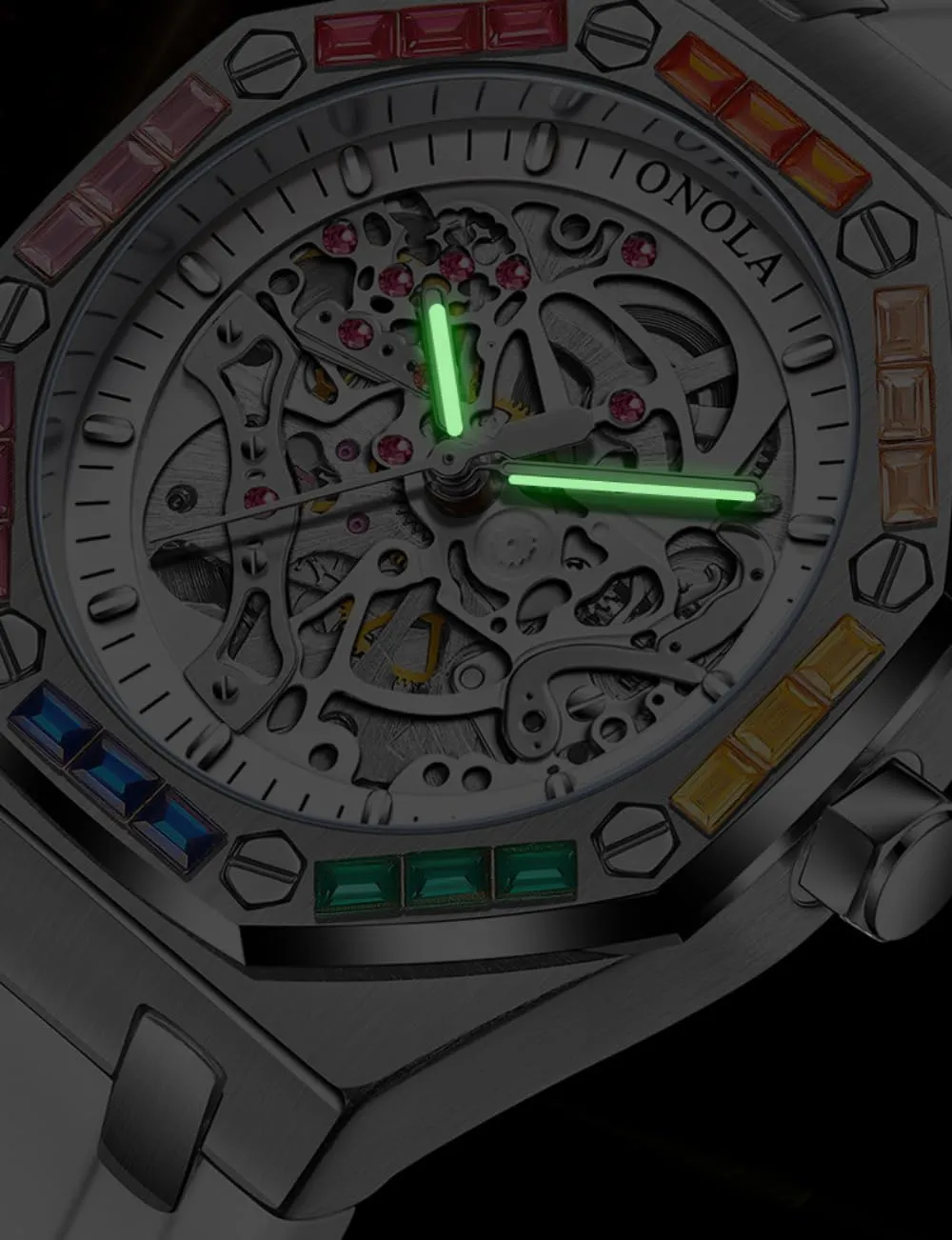 Hollow Automatic Self-Wind Mechanical Watch Silicone Strap Waterproof Luminous Watches Fashion Men Rainbow Diamond Bezel Wristwatch Luxury opposite description Calvinist Skeleton 