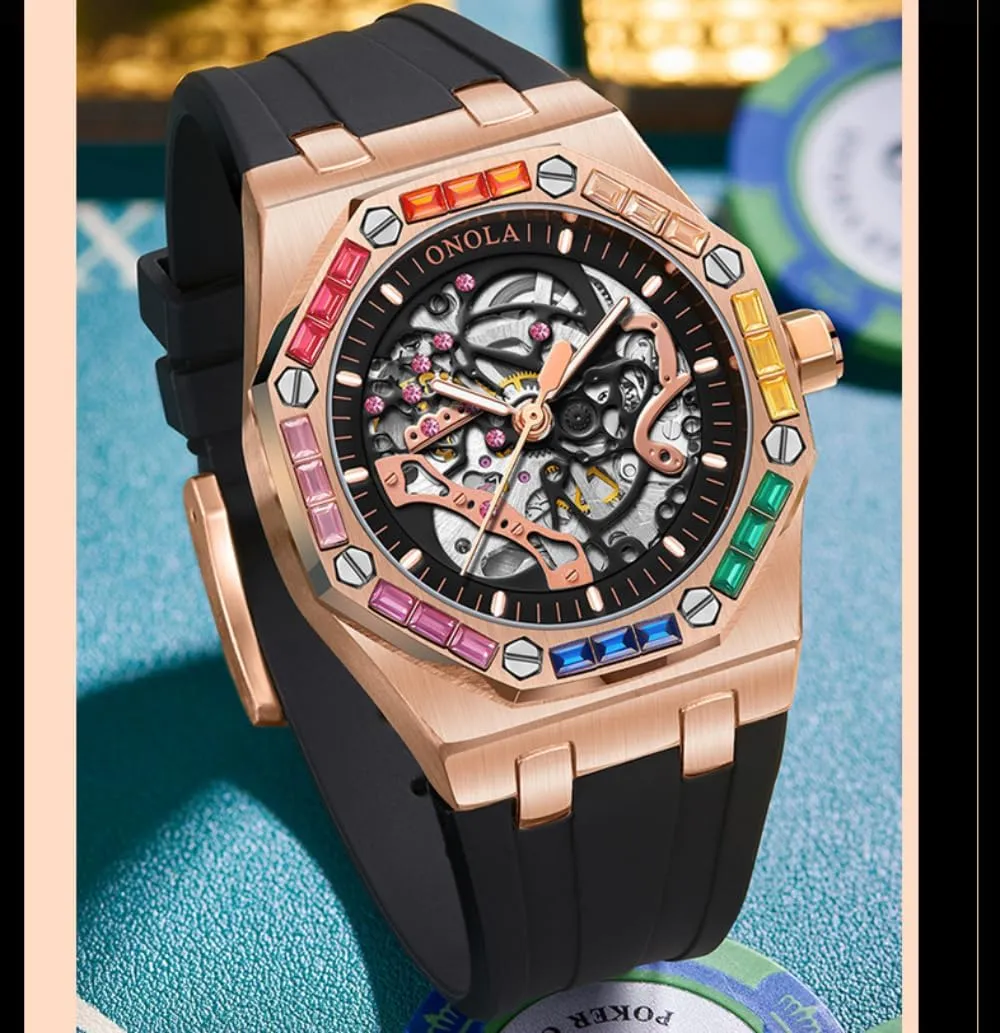 Hollow Automatic Self-Wind Mechanical Watch Silicone Strap Waterproof Luminous Watches Fashion Men Rainbow Diamond Bezel Wristwatch Luxury opposite description Calvinist Skeleton 