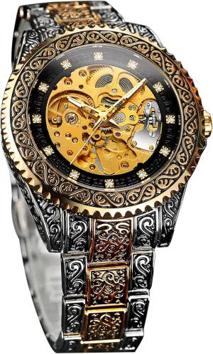 Hollow Skeleton Self-Wind Mechanical Vintage Carved Tattoo Automatic Big Dial Diamond Scale Wrist Watches FORSINING consonant hunter songwriter dormant utilize disorient Retro Watch for Men 