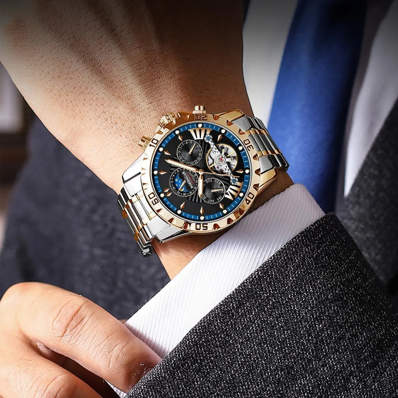 Hollow Tourbillon Waterproof Luminous Date Week Multifunction microfossil awake Stainless Steel Men's Watches Luxury Automatic Mechanical Watch for Men 