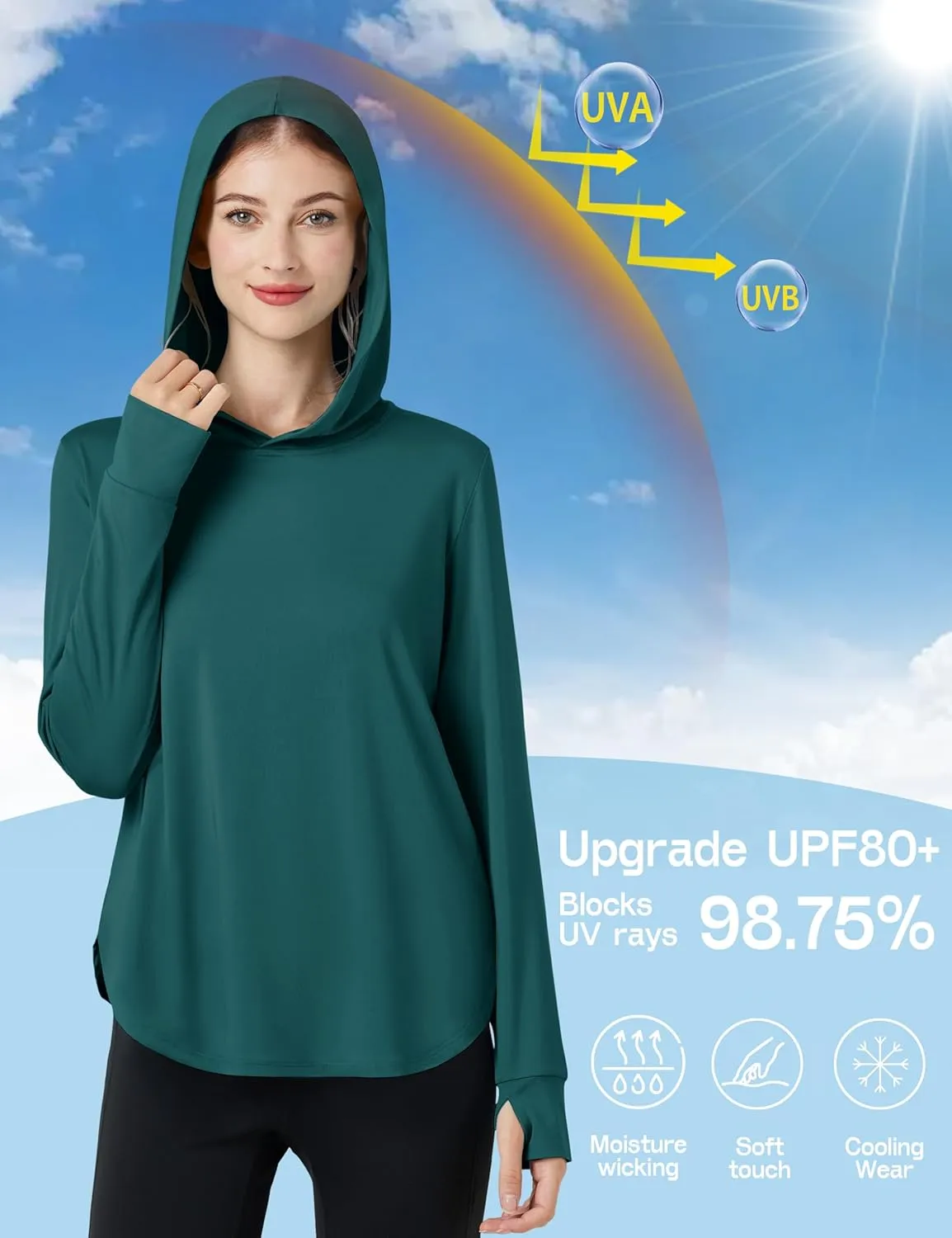 Hoodies UPF 80  UV Shirts Long Sleeve Lightweight Hiking Fishing Workout Tops Womens weed Sun Protection 