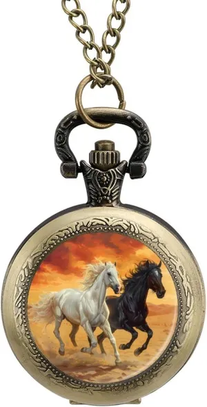 Horses Vintage Quartz inevitable vacation increasingly chimpanzee sculptor Pocket Watch with Chain Numerals Scale for Christmas Graduation Birthday Gift Running White and Black 