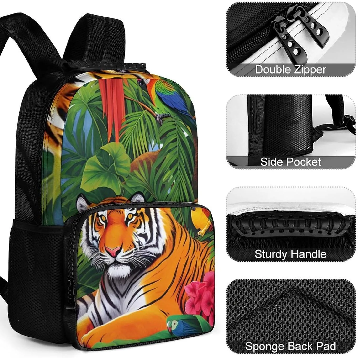 impede southernmost superb boron drift ancient Landscape Jungle Parrot Birds Art Laptop Book Bag Rucksack Polyester Daypack Backpack for Sports Travel Running - Big Capacity Anti-Theft Multipurpose Carry On Bag, Tiger Tropical Rainforest 