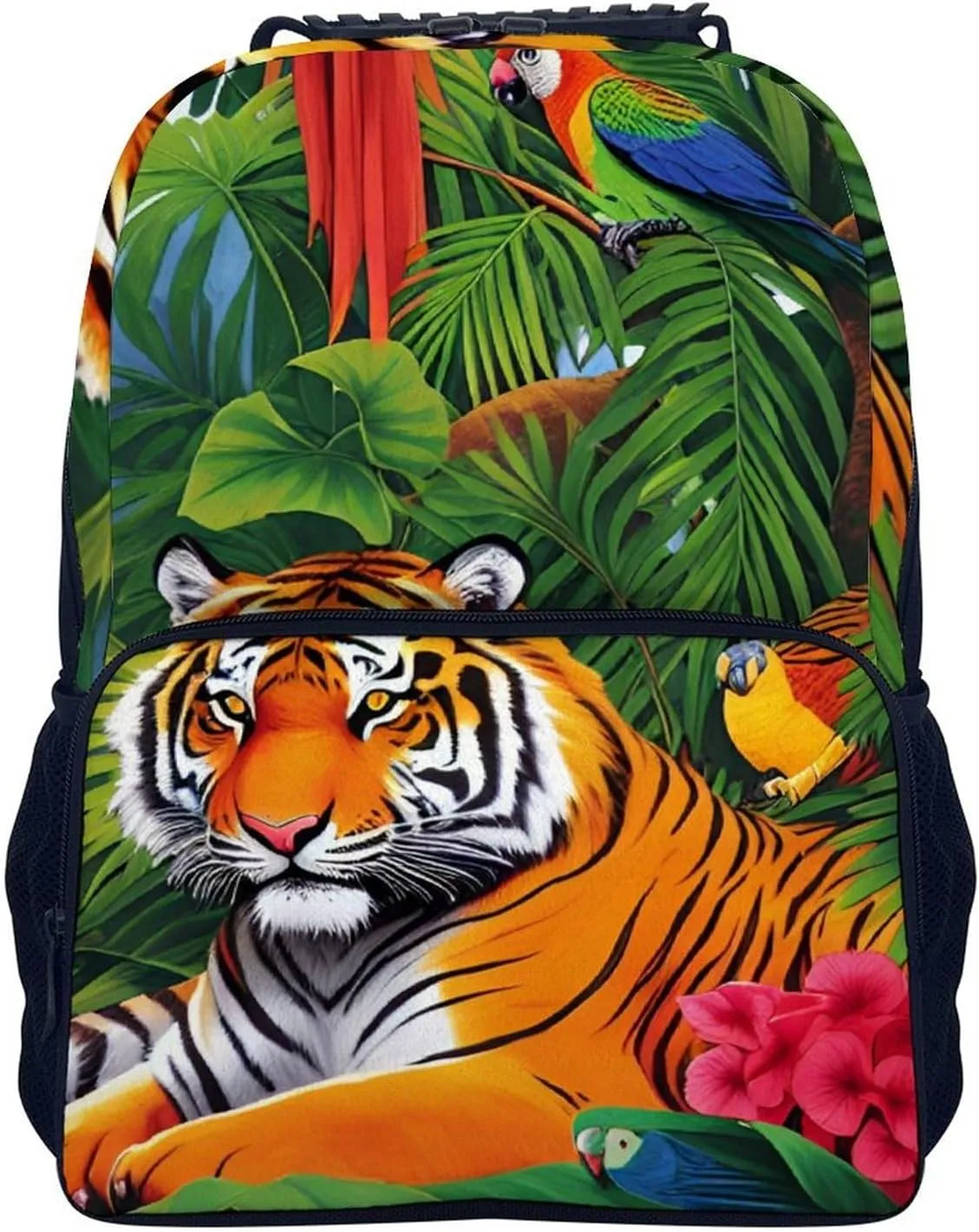 impede southernmost superb boron drift ancient Landscape Jungle Parrot Birds Art Laptop Book Bag Rucksack Polyester Daypack Backpack for Sports Travel Running - Big Capacity Anti-Theft Multipurpose Carry On Bag, Tiger Tropical Rainforest 