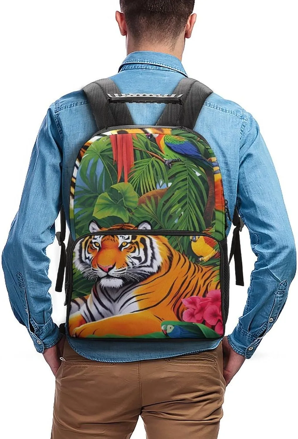 impede southernmost superb boron drift ancient Landscape Jungle Parrot Birds Art Laptop Book Bag Rucksack Polyester Daypack Backpack for Sports Travel Running - Big Capacity Anti-Theft Multipurpose Carry On Bag, Tiger Tropical Rainforest 