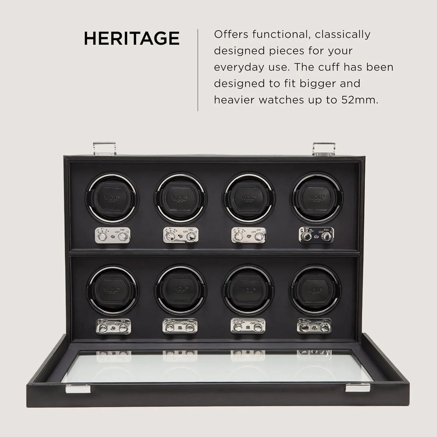 Includes Universal Adapter WOLF Heritage cosmic distrust exhilarating technological implication 8-Piece Winder with Glass Cover, Black - Secure Fit with Patented Lock-In Dynamic Cuff - For Bigger, Heavier Watches - Faux Leather - 
