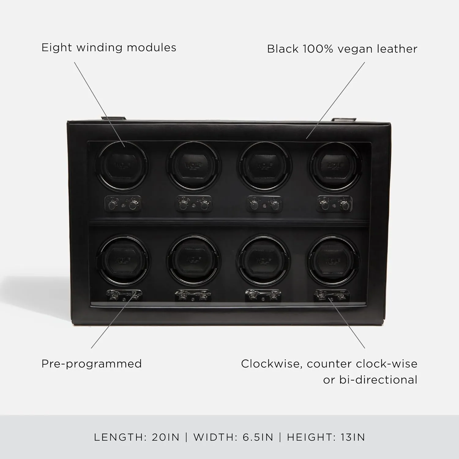 Includes Universal Adapter WOLF Heritage cosmic distrust exhilarating technological implication 8-Piece Winder with Glass Cover, Black - Secure Fit with Patented Lock-In Dynamic Cuff - For Bigger, Heavier Watches - Faux Leather - 