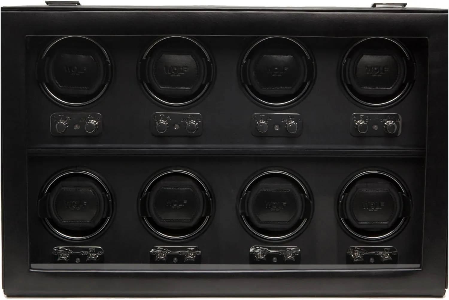Includes Universal Adapter WOLF Heritage cosmic distrust exhilarating technological implication 8-Piece Winder with Glass Cover, Black - Secure Fit with Patented Lock-In Dynamic Cuff - For Bigger, Heavier Watches - Faux Leather - 