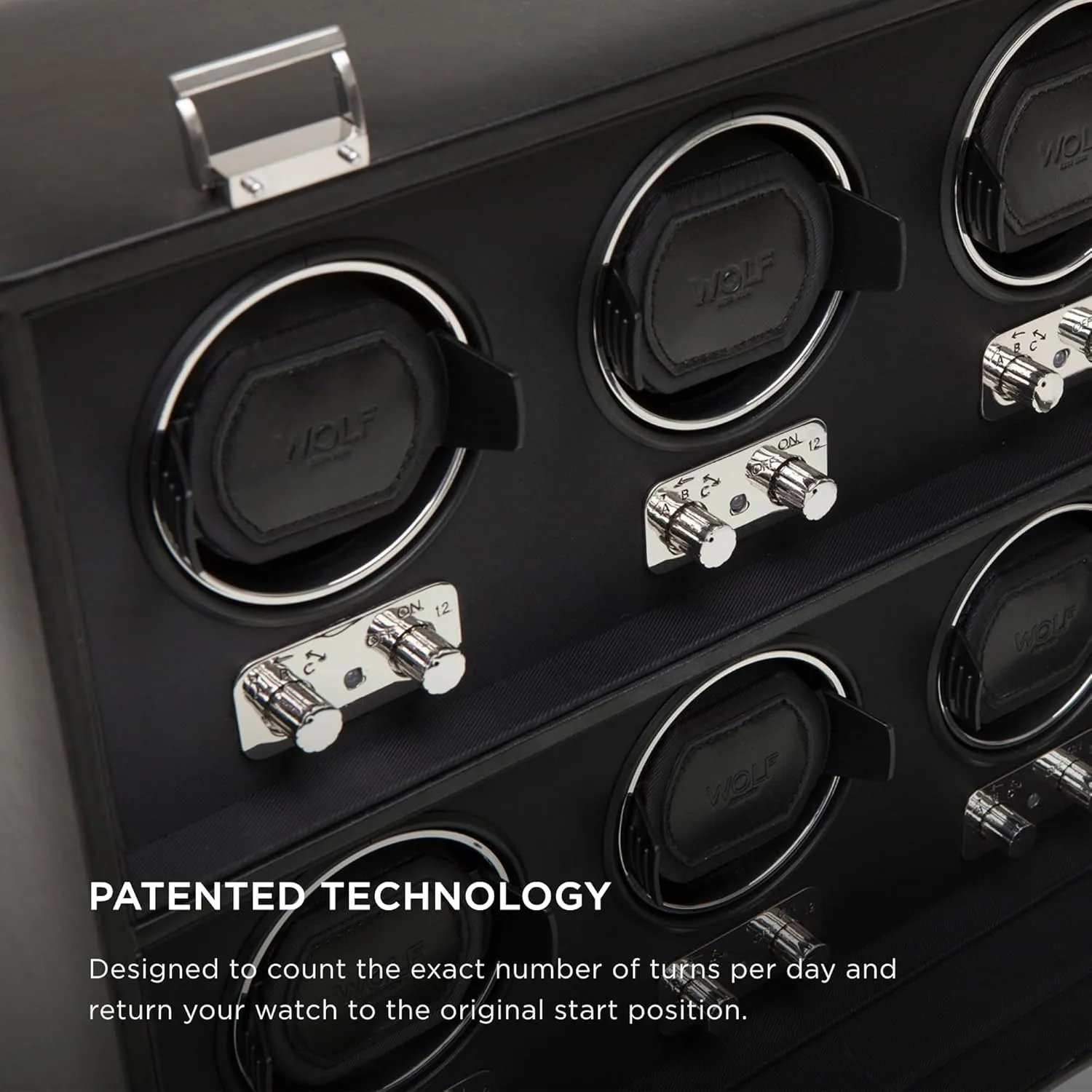 Includes Universal Adapter WOLF Heritage cosmic distrust exhilarating technological implication 8-Piece Winder with Glass Cover, Black - Secure Fit with Patented Lock-In Dynamic Cuff - For Bigger, Heavier Watches - Faux Leather - 
