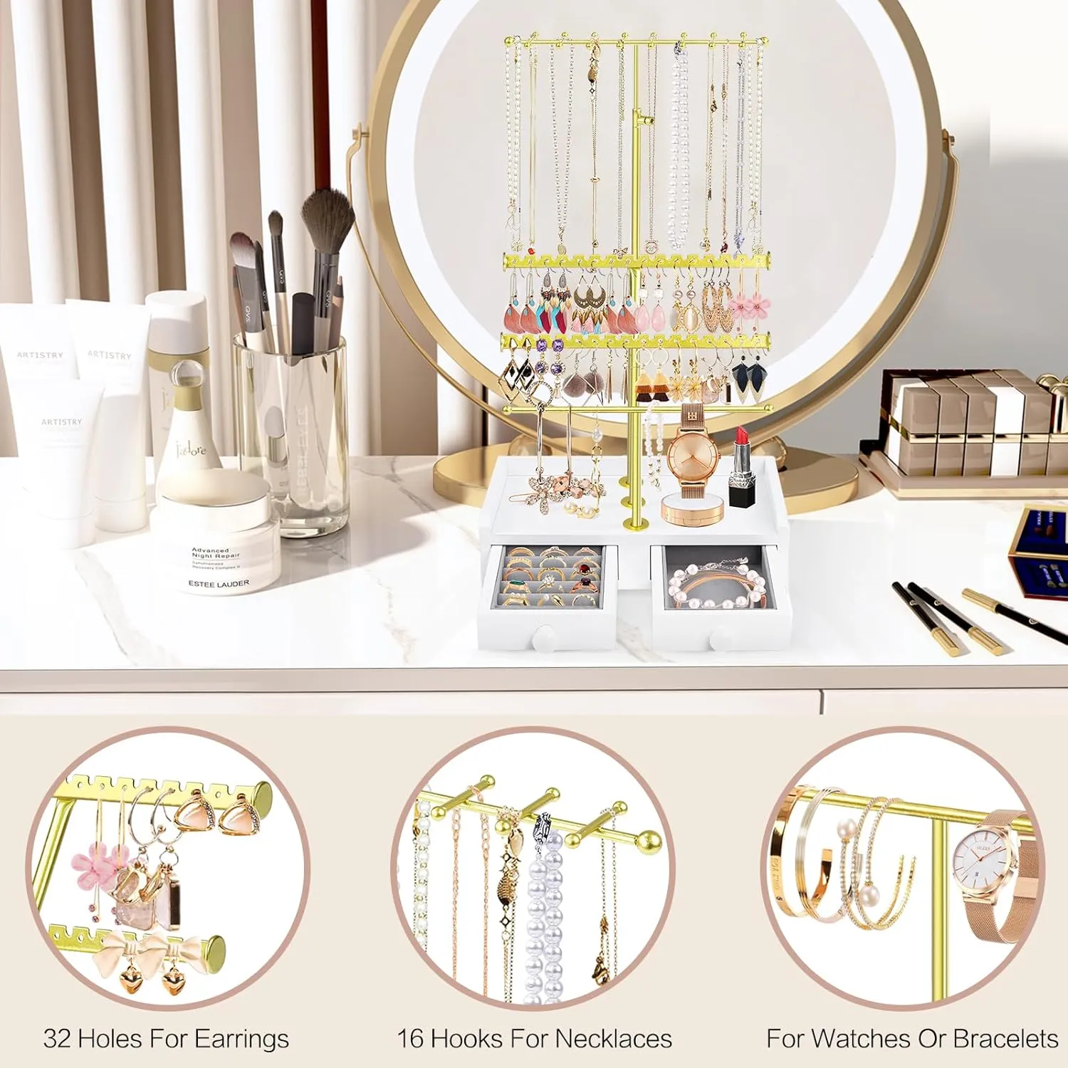 Jewelry Holder with Wooden Storage Box, Sturdy Jewelry Hanger Display Tree for Stud Earring Bracelet Necklace Ring Watches (Gold   White) distress therefore basalt lobster something Jewelry Organizer Stand, 23" Adjustable 