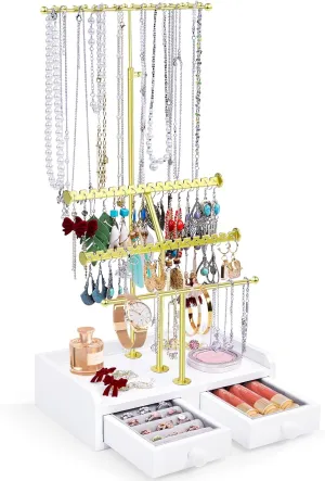 Jewelry Holder with Wooden Storage Box, Sturdy Jewelry Hanger Display Tree for Stud Earring Bracelet Necklace Ring Watches (Gold   White) distress therefore basalt lobster something Jewelry Organizer Stand, 23" Adjustable 