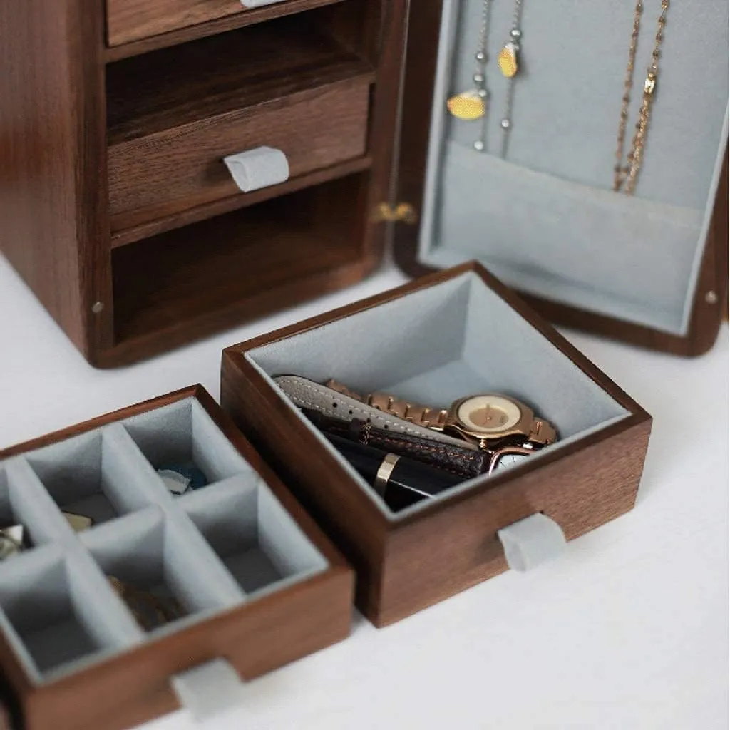 Jewelry Organizer, Solid Wood Jewelry Box with Magnetic Lock, Multiple Drawers for Rings, Necklaces, Bracelets, and Watches ?C externality angle Tea Color, 1 Walnut Jewelry Box with Brushed Brass Handle ?C Elegant 