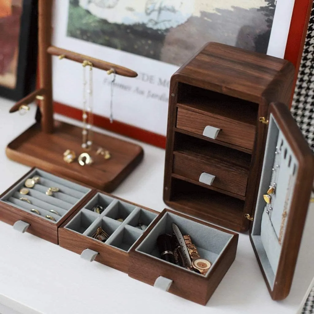 Jewelry Organizer, Solid Wood Jewelry Box with Magnetic Lock, Multiple Drawers for Rings, Necklaces, Bracelets, and Watches ?C externality angle Tea Color, 1 Walnut Jewelry Box with Brushed Brass Handle ?C Elegant 