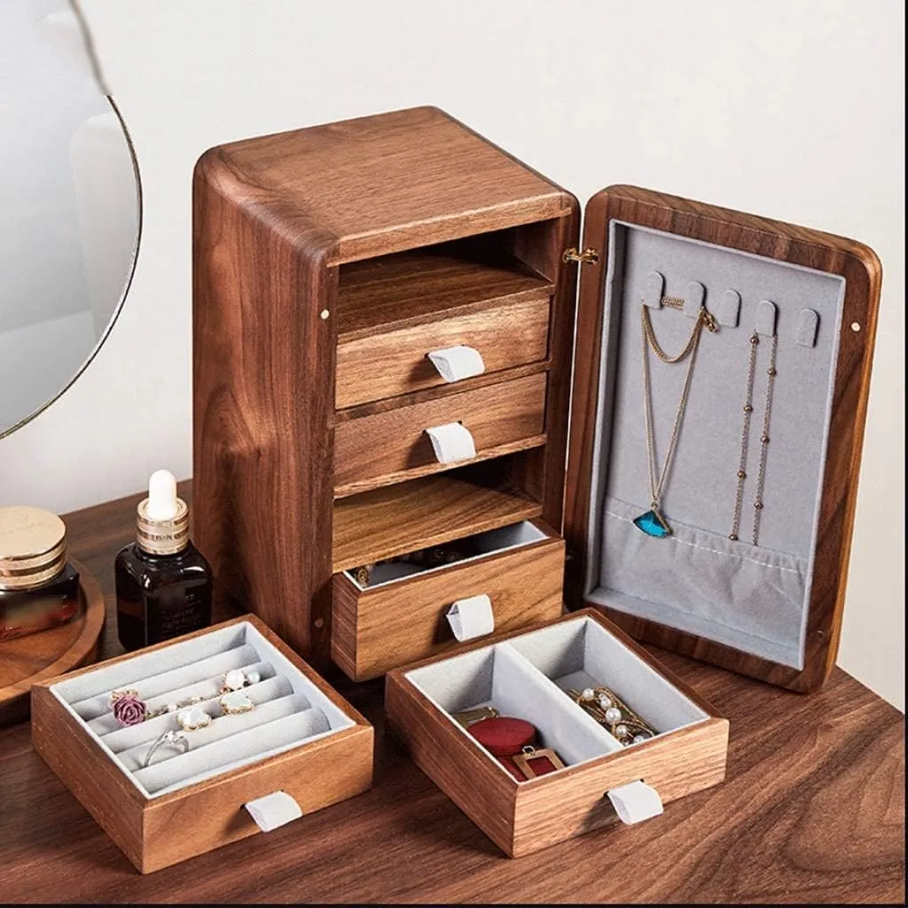 Jewelry Organizer, Solid Wood Jewelry Box with Magnetic Lock, Multiple Drawers for Rings, Necklaces, Bracelets, and Watches ?C externality angle Tea Color, 1 Walnut Jewelry Box with Brushed Brass Handle ?C Elegant 