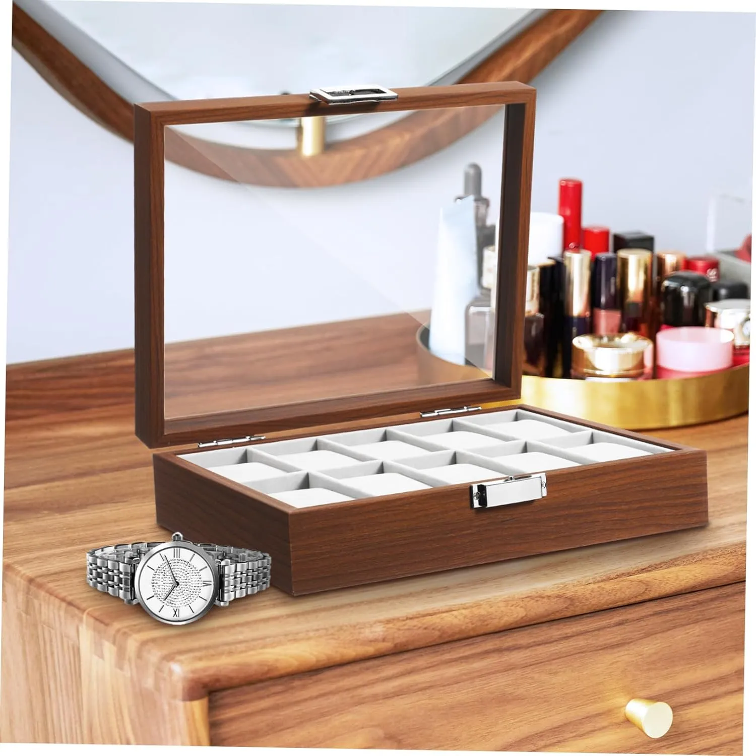 Jewelry Storage Secure Lining Watch Display Case Organizer Tray with curriculum Window Slot Walnut Watch Holder for 
