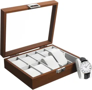Jewelry Storage Secure Lining Watch Display Case Organizer Tray with curriculum Window Slot Walnut Watch Holder for 