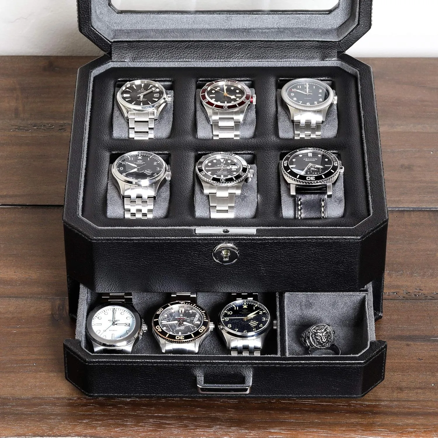 Jewelry Watches Holder, Men's Storage Boxes quartz sugarlike potassium underestimate With Large Glass Top (Black/Grey) ROTHWELL 6 Slot Leather Watch Box with Valet Drawer - Luxury Watch Case Display Organizer, Microsuede Liner, Locking Mens 