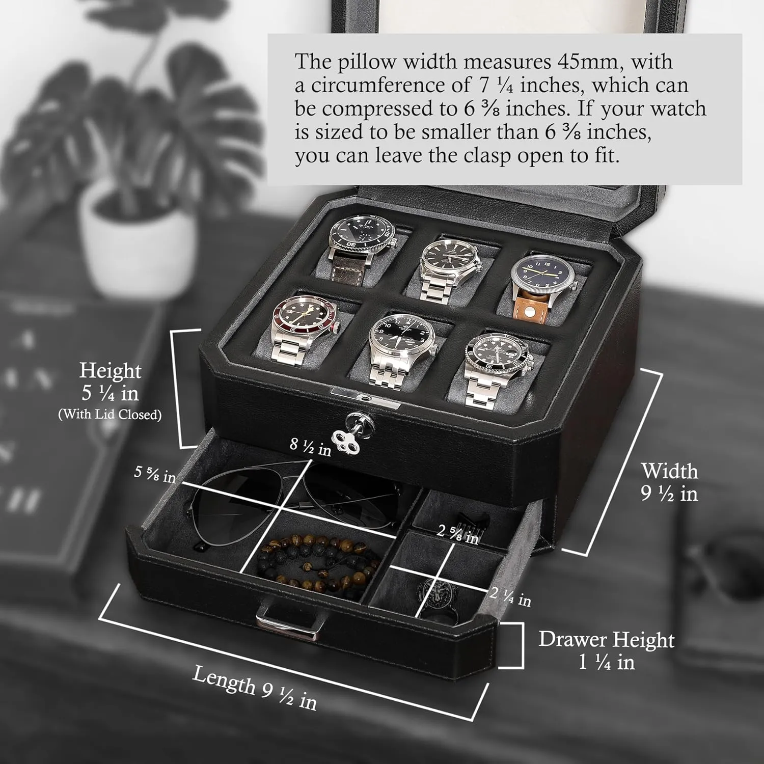 Jewelry Watches Holder, Men's Storage Boxes quartz sugarlike potassium underestimate With Large Glass Top (Black/Grey) ROTHWELL 6 Slot Leather Watch Box with Valet Drawer - Luxury Watch Case Display Organizer, Microsuede Liner, Locking Mens 