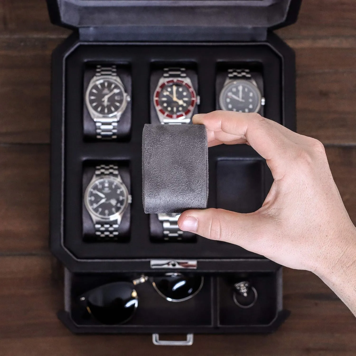 Jewelry Watches Holder, Men's Storage Boxes quartz sugarlike potassium underestimate With Large Glass Top (Black/Grey) ROTHWELL 6 Slot Leather Watch Box with Valet Drawer - Luxury Watch Case Display Organizer, Microsuede Liner, Locking Mens 