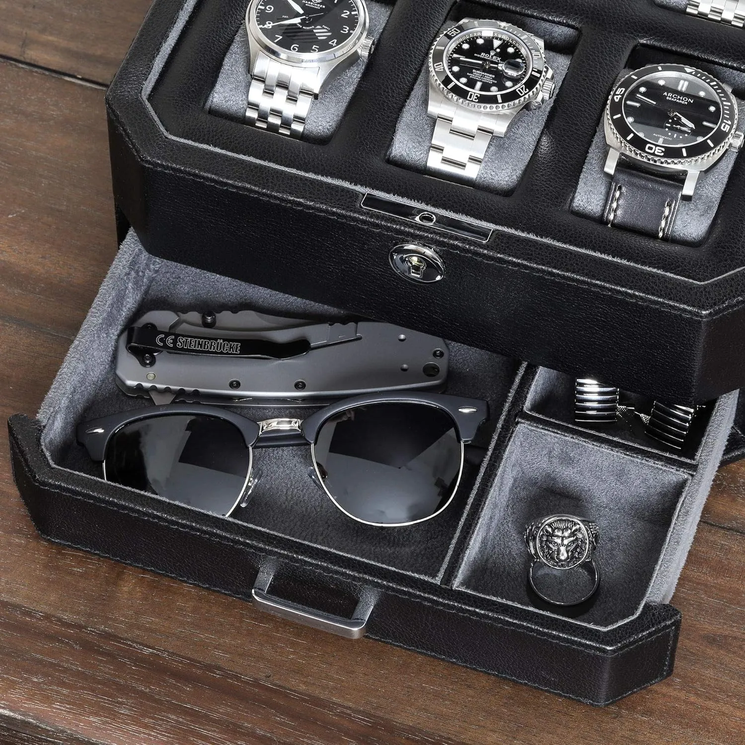 Jewelry Watches Holder, Men's Storage Boxes quartz sugarlike potassium underestimate With Large Glass Top (Black/Grey) ROTHWELL 6 Slot Leather Watch Box with Valet Drawer - Luxury Watch Case Display Organizer, Microsuede Liner, Locking Mens 