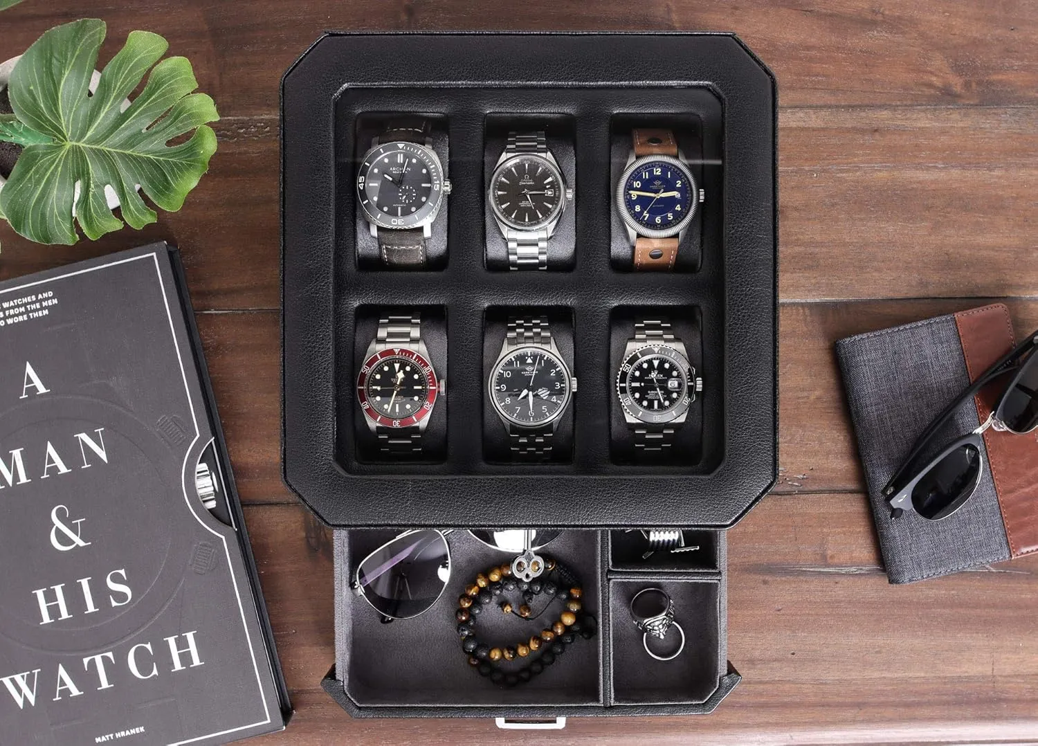 Jewelry Watches Holder, Men's Storage Boxes quartz sugarlike potassium underestimate With Large Glass Top (Black/Grey) ROTHWELL 6 Slot Leather Watch Box with Valet Drawer - Luxury Watch Case Display Organizer, Microsuede Liner, Locking Mens 