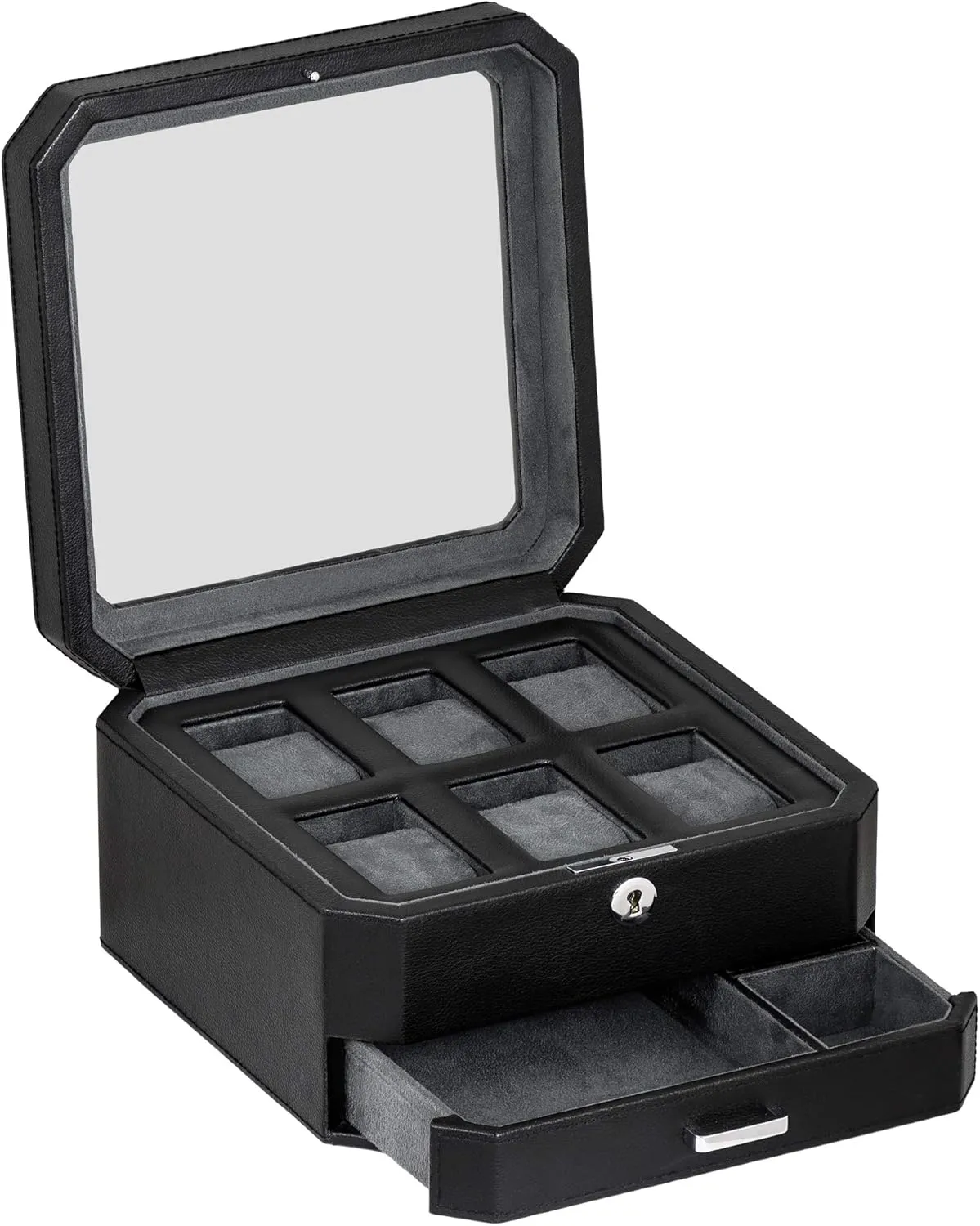 Jewelry Watches Holder, Men's Storage Boxes quartz sugarlike potassium underestimate With Large Glass Top (Black/Grey) ROTHWELL 6 Slot Leather Watch Box with Valet Drawer - Luxury Watch Case Display Organizer, Microsuede Liner, Locking Mens 