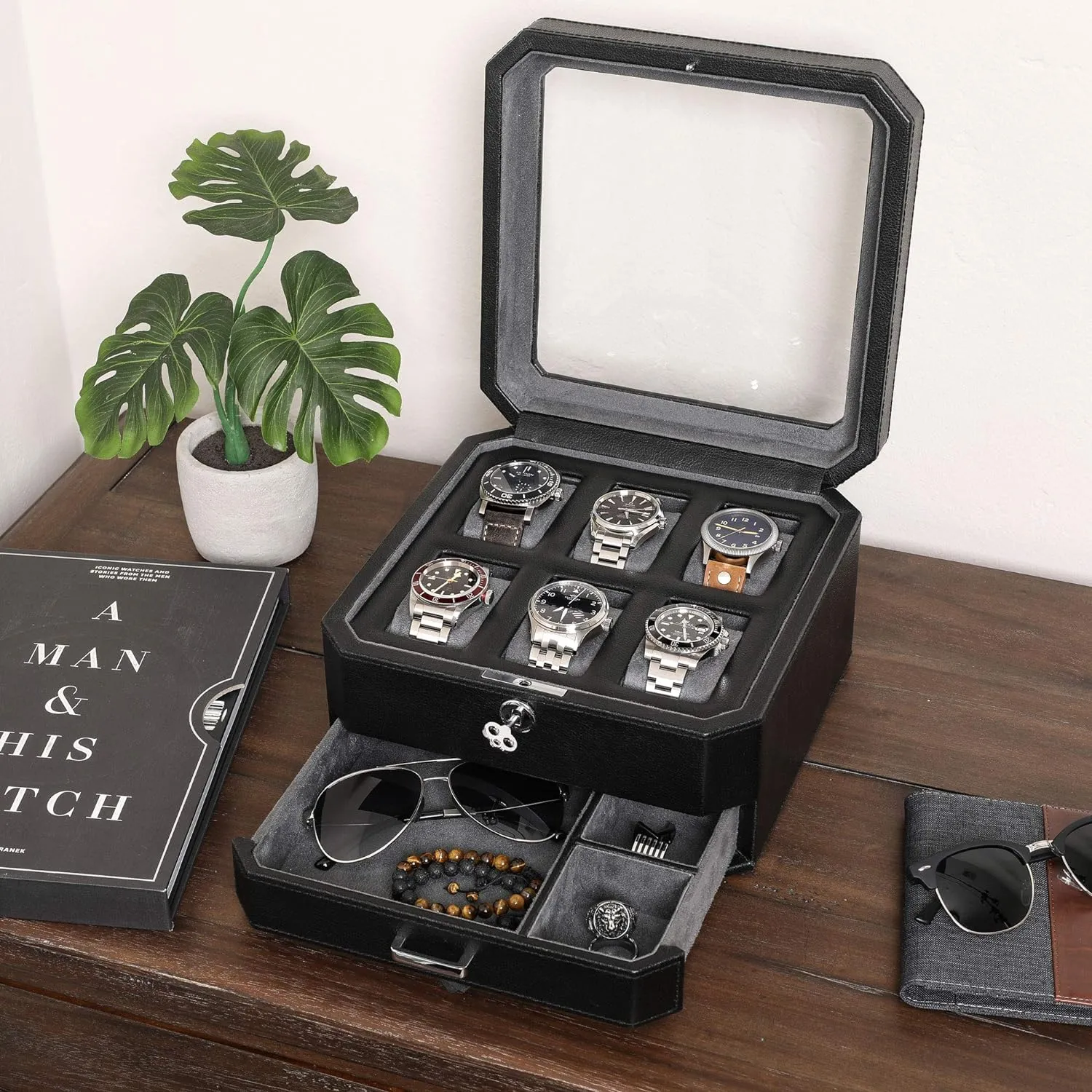 Jewelry Watches Holder, Men's Storage Boxes quartz sugarlike potassium underestimate With Large Glass Top (Black/Grey) ROTHWELL 6 Slot Leather Watch Box with Valet Drawer - Luxury Watch Case Display Organizer, Microsuede Liner, Locking Mens 