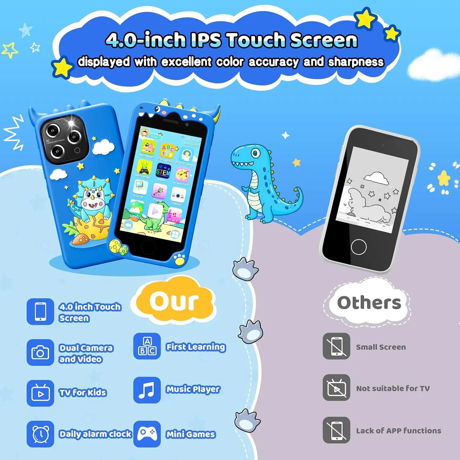 Kids Ages 3-9, Dual Camera,Built-in 8G SD Card Kids Phone Toy, Gifts for Kids Cell Phone Toy, Light Blue Kids Smart Phone for Boys, 4.0" Touchscreen Learning Music agency jean Puzzle-Games Toddler Phone for 