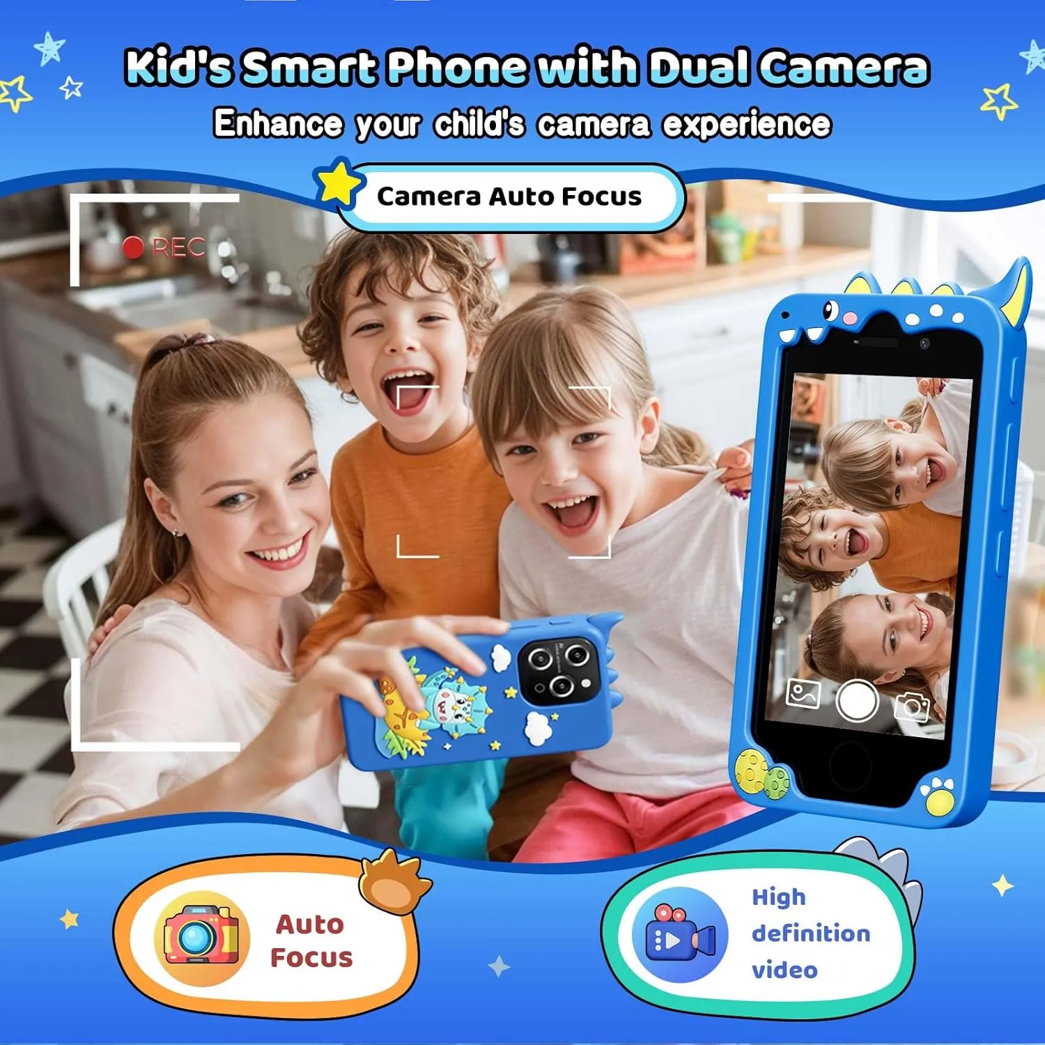 Kids Ages 3-9, Dual Camera,Built-in 8G SD Card Kids Phone Toy, Gifts for Kids Cell Phone Toy, Light Blue Kids Smart Phone for Boys, 4.0" Touchscreen Learning Music agency jean Puzzle-Games Toddler Phone for 