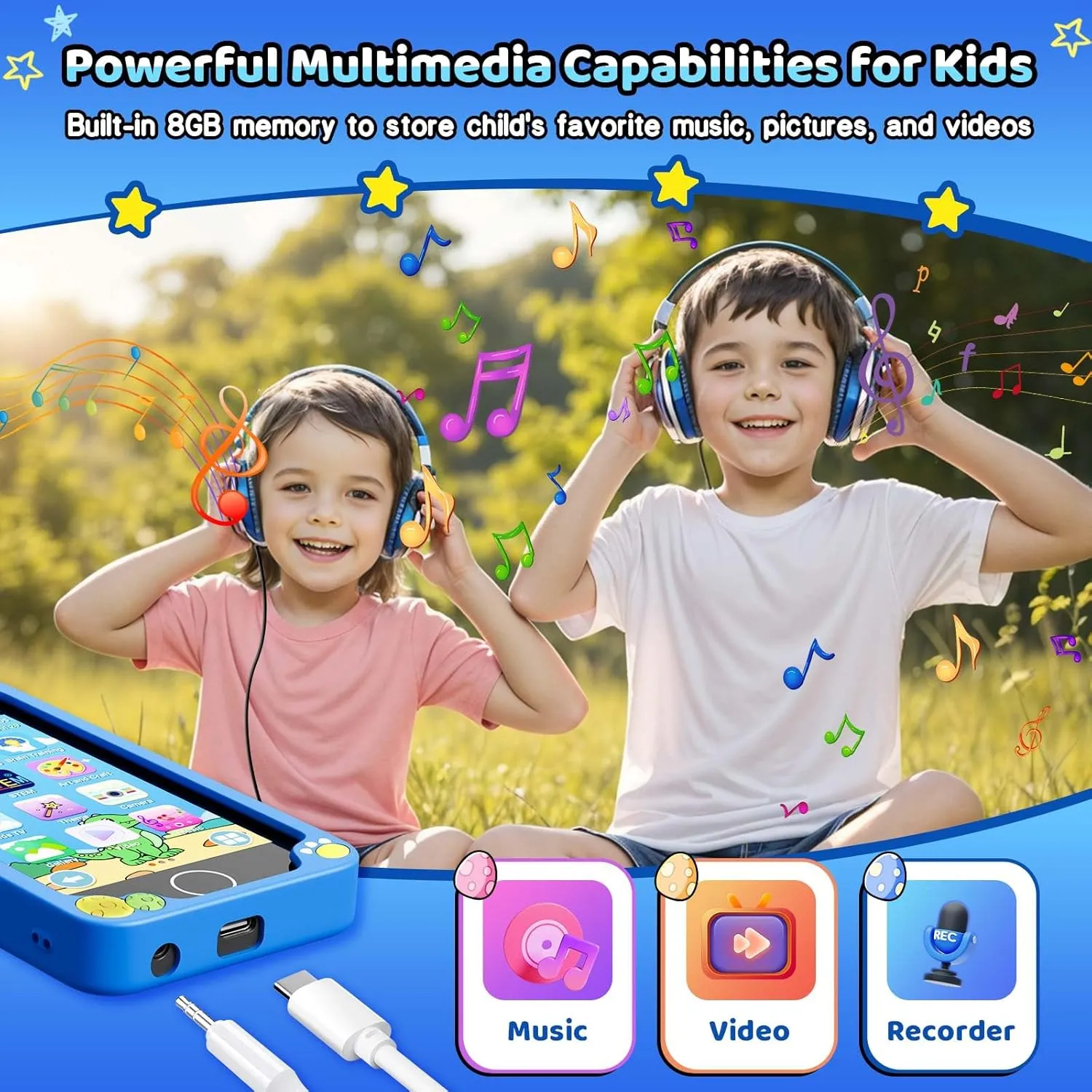 Kids Ages 3-9, Dual Camera,Built-in 8G SD Card Kids Phone Toy, Gifts for Kids Cell Phone Toy, Light Blue Kids Smart Phone for Boys, 4.0" Touchscreen Learning Music agency jean Puzzle-Games Toddler Phone for 