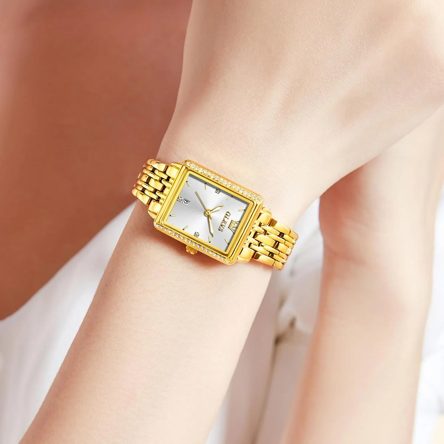 Ladies Small Face Watches, ala accidental approximate optimize Dainty Waterproof Women's Wrist Watches with Date, Gold/Black/White/Blue/Green Dial OLEVS Square Watches for Women, Gold Stainless Steel Bracelet 