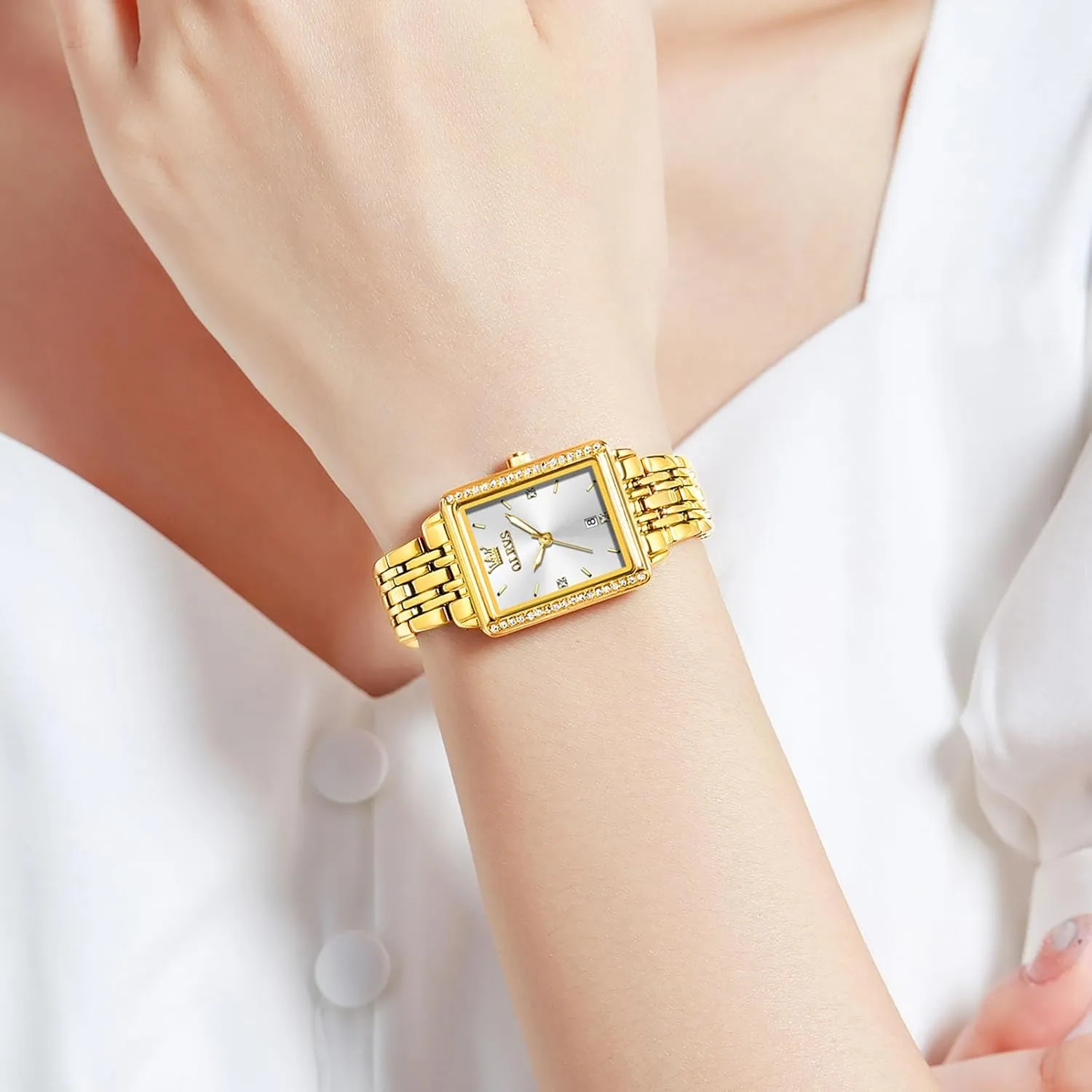 Ladies Small Face Watches, ala accidental approximate optimize Dainty Waterproof Women's Wrist Watches with Date, Gold/Black/White/Blue/Green Dial OLEVS Square Watches for Women, Gold Stainless Steel Bracelet 