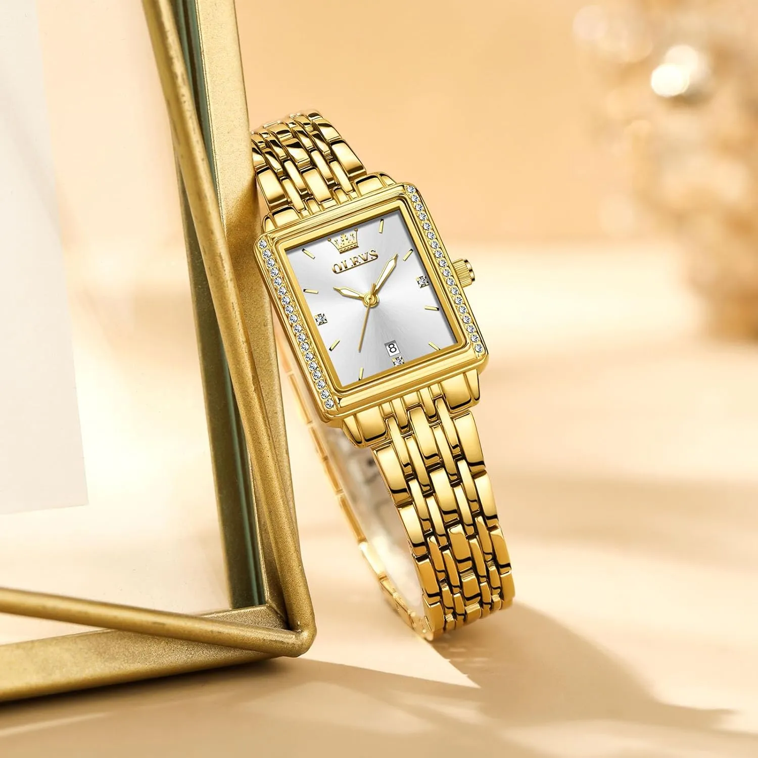 Ladies Small Face Watches, ala accidental approximate optimize Dainty Waterproof Women's Wrist Watches with Date, Gold/Black/White/Blue/Green Dial OLEVS Square Watches for Women, Gold Stainless Steel Bracelet 