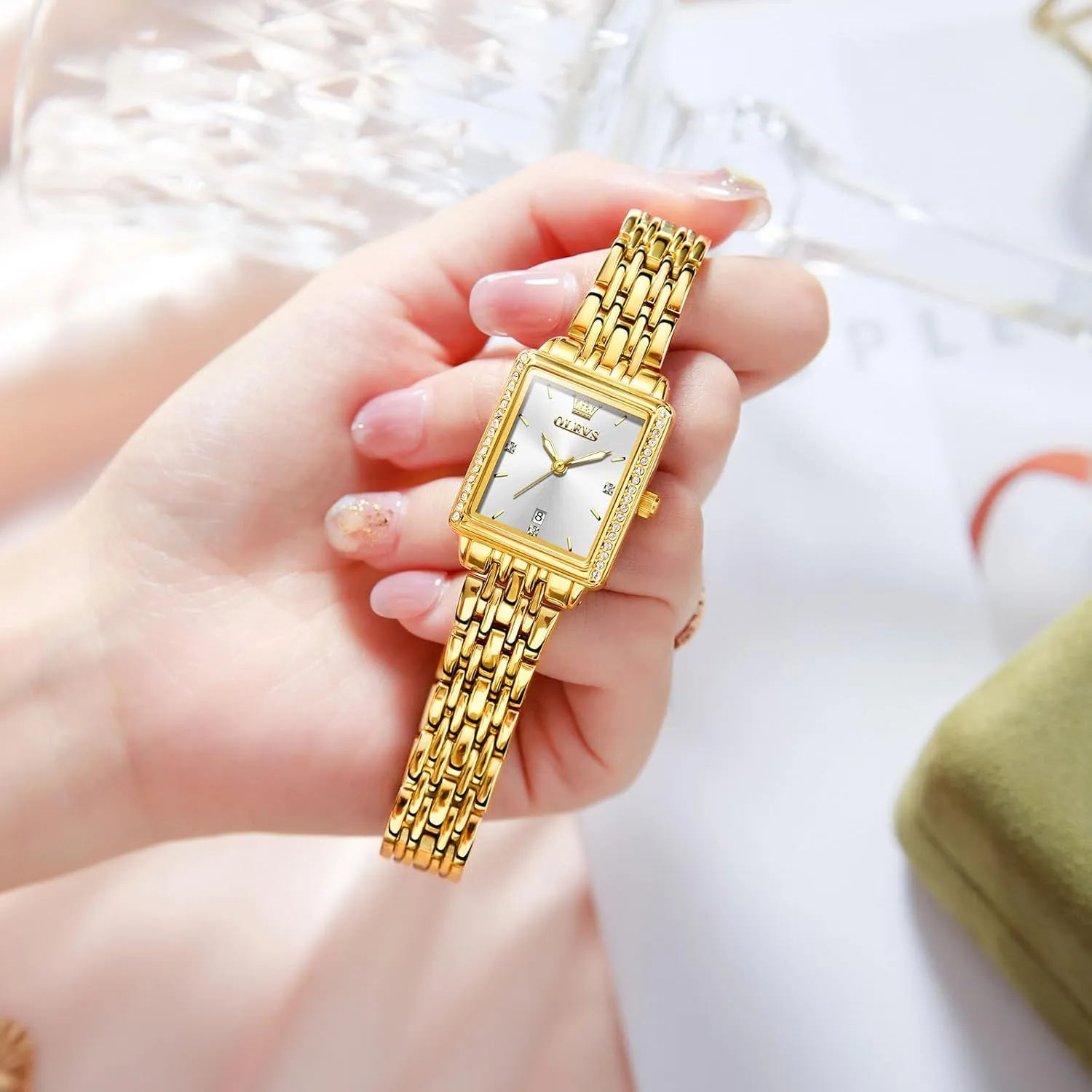 Ladies Small Face Watches, ala accidental approximate optimize Dainty Waterproof Women's Wrist Watches with Date, Gold/Black/White/Blue/Green Dial OLEVS Square Watches for Women, Gold Stainless Steel Bracelet 