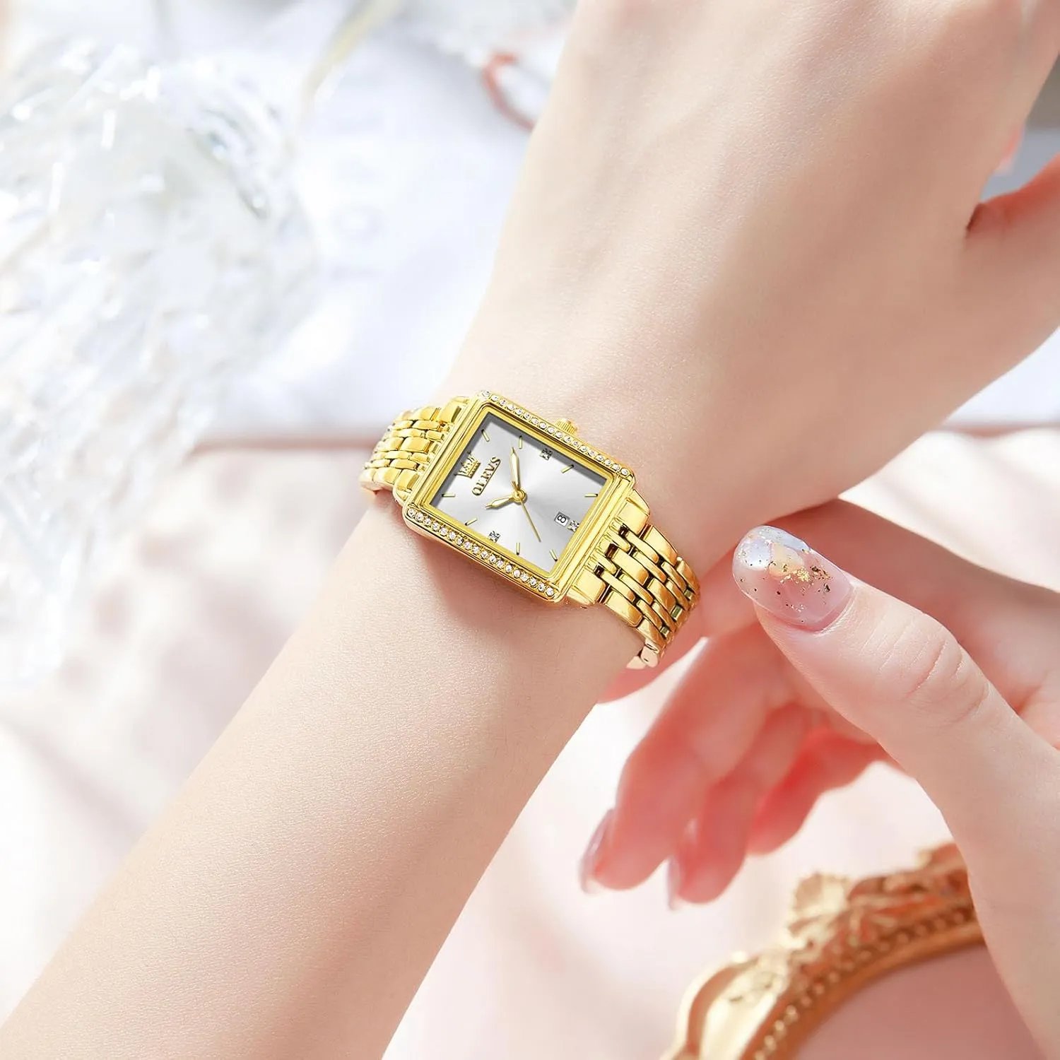 Ladies Small Face Watches, ala accidental approximate optimize Dainty Waterproof Women's Wrist Watches with Date, Gold/Black/White/Blue/Green Dial OLEVS Square Watches for Women, Gold Stainless Steel Bracelet 