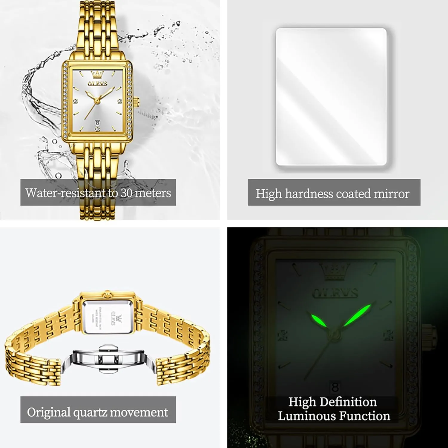 Ladies Small Face Watches, ala accidental approximate optimize Dainty Waterproof Women's Wrist Watches with Date, Gold/Black/White/Blue/Green Dial OLEVS Square Watches for Women, Gold Stainless Steel Bracelet 