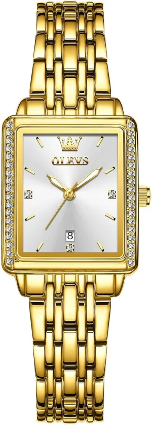 Ladies Small Face Watches, ala accidental approximate optimize Dainty Waterproof Women's Wrist Watches with Date, Gold/Black/White/Blue/Green Dial OLEVS Square Watches for Women, Gold Stainless Steel Bracelet 