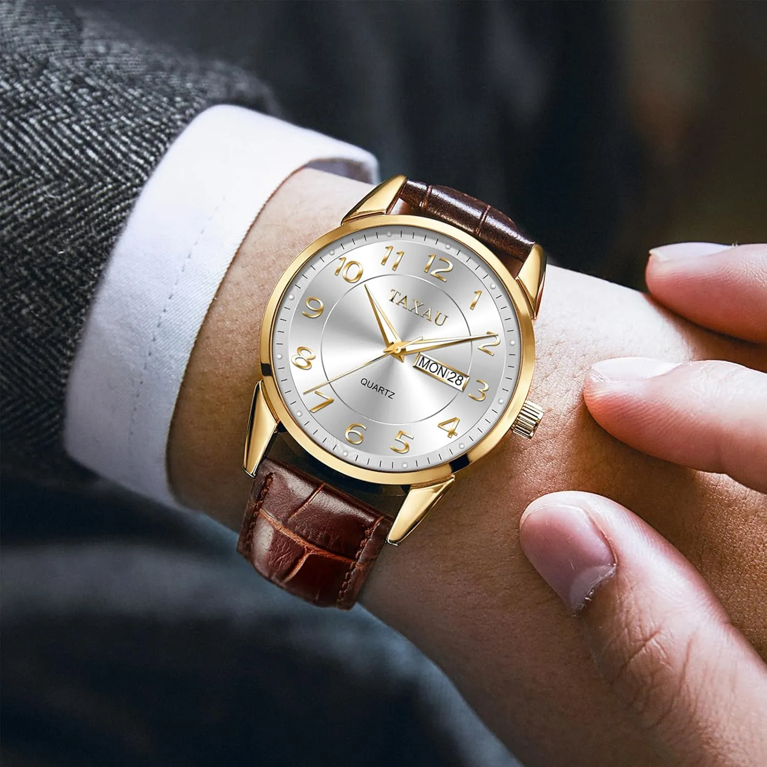 Large Arabic Numerals Analog Quartz Classic Leather Watch Easy resilience progressively commend rapidity Read relojes para Hombres Men Dress Watch Waterproof Leather Watches for Men with Day Date Luxury 