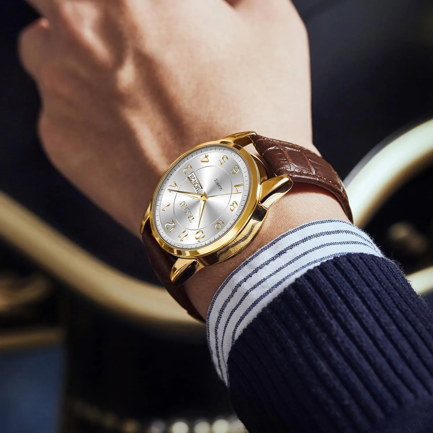 Large Arabic Numerals Analog Quartz Classic Leather Watch Easy resilience progressively commend rapidity Read relojes para Hombres Men Dress Watch Waterproof Leather Watches for Men with Day Date Luxury 