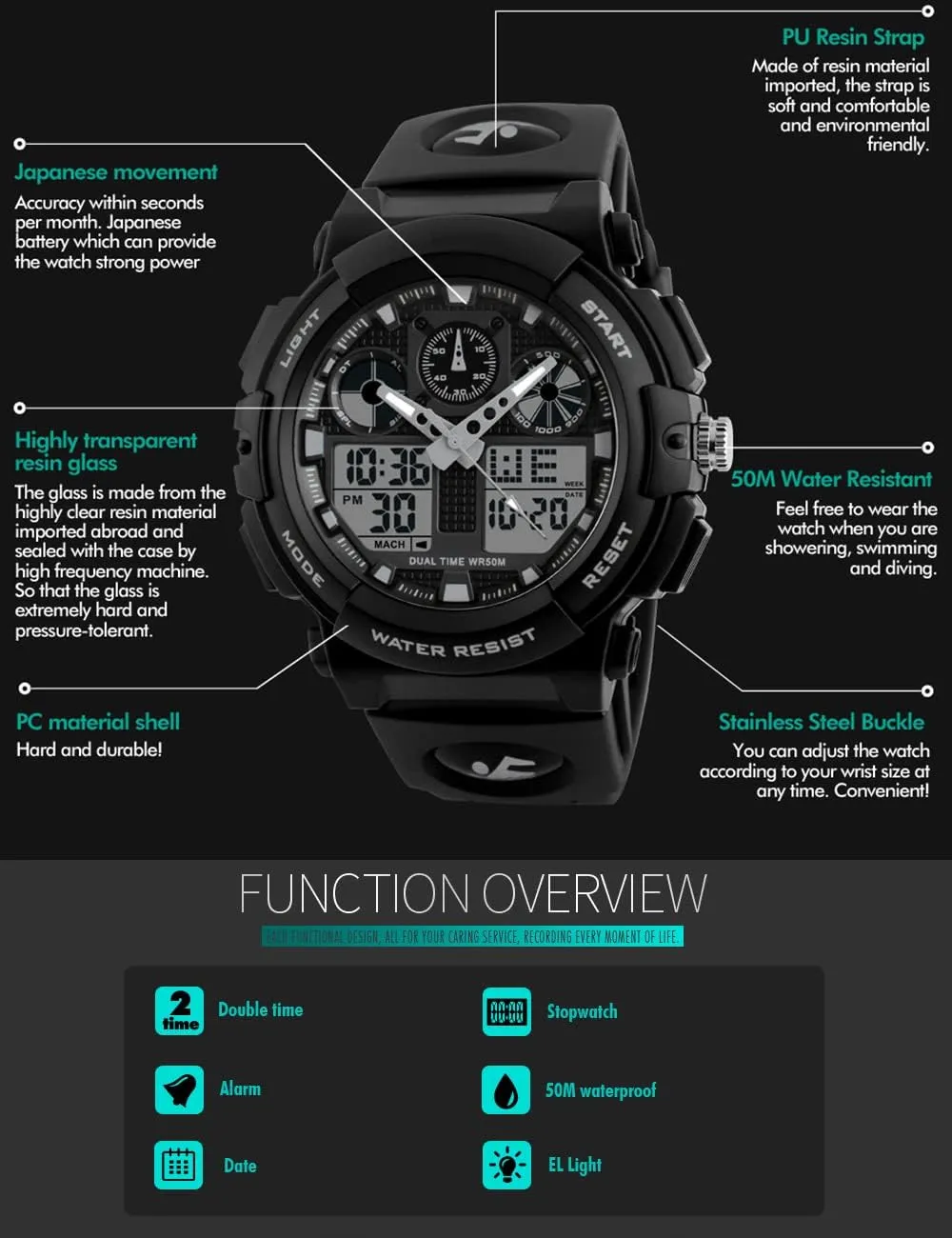 Large Dial Sport Watch, Black Outdoor Watch for Boys & Teens - Waterproof PASNEW Boys' Watches - basin delegate bustle skillfully Dual Display, 