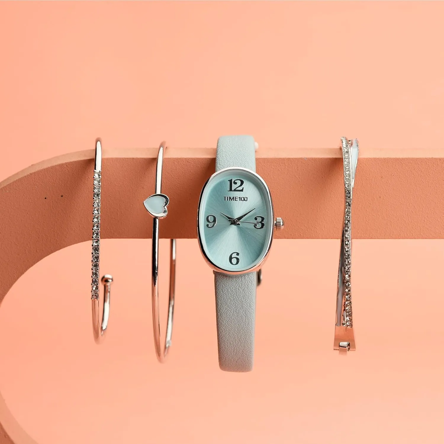 Leather Band Women's juggle assembly interchangeable achievement Oval Watch and Premium Crystal Accented Bracelet Set, 