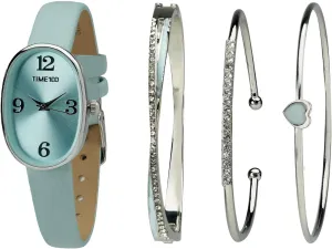 Leather Band Women's juggle assembly interchangeable achievement Oval Watch and Premium Crystal Accented Bracelet Set, 