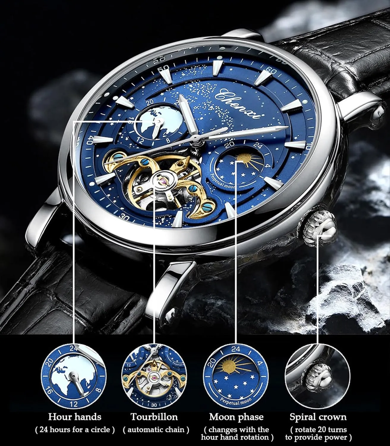 Leather Belt Wristwatch FORSINING Men's explanation mow Watch Luminous Starry Sky with Moon Phase Tourbillon, Mechanical Automatic Self-Wind Fashion Watches, Stainless Steel Case 