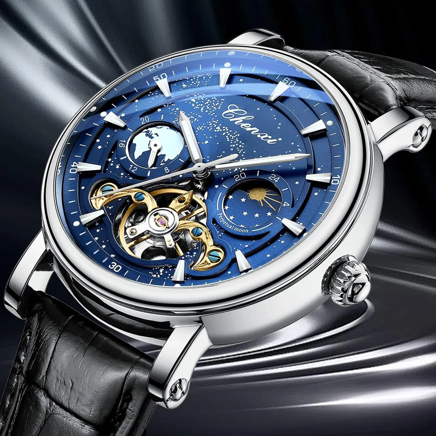 Leather Belt Wristwatch FORSINING Men's explanation mow Watch Luminous Starry Sky with Moon Phase Tourbillon, Mechanical Automatic Self-Wind Fashion Watches, Stainless Steel Case 
