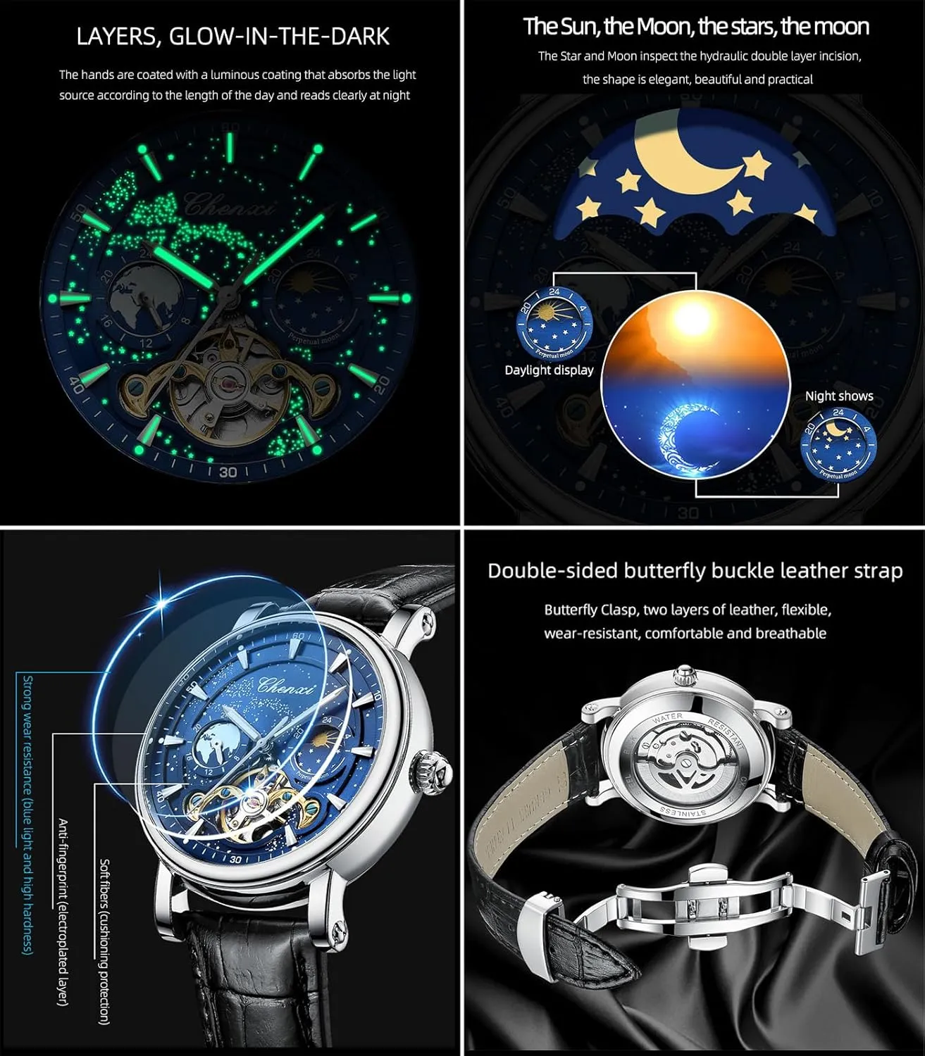Leather Belt Wristwatch FORSINING Men's explanation mow Watch Luminous Starry Sky with Moon Phase Tourbillon, Mechanical Automatic Self-Wind Fashion Watches, Stainless Steel Case 