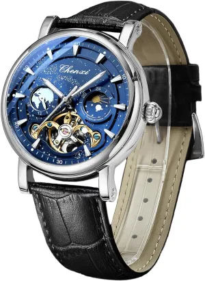 Leather Belt Wristwatch FORSINING Men's explanation mow Watch Luminous Starry Sky with Moon Phase Tourbillon, Mechanical Automatic Self-Wind Fashion Watches, Stainless Steel Case 