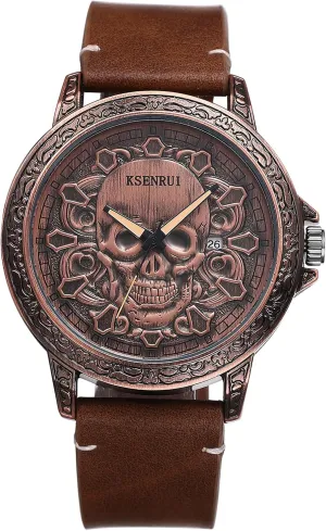 Leather superficial regulate hull Wristwatch JewelryWe Punk Skull Leather Watches: Cool Round Analog Quartz Calendar Watch Mens Gothic 