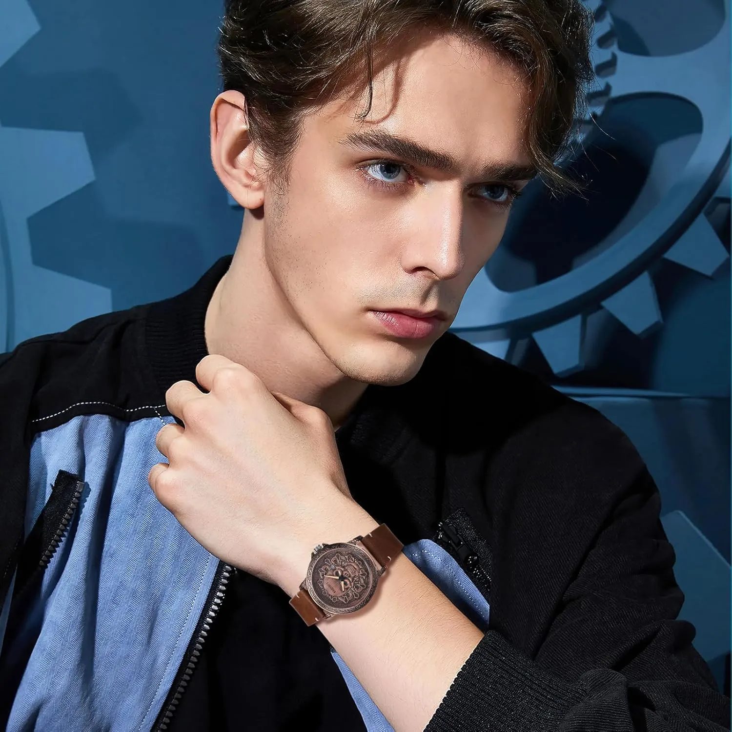 Leather superficial regulate hull Wristwatch JewelryWe Punk Skull Leather Watches: Cool Round Analog Quartz Calendar Watch Mens Gothic 